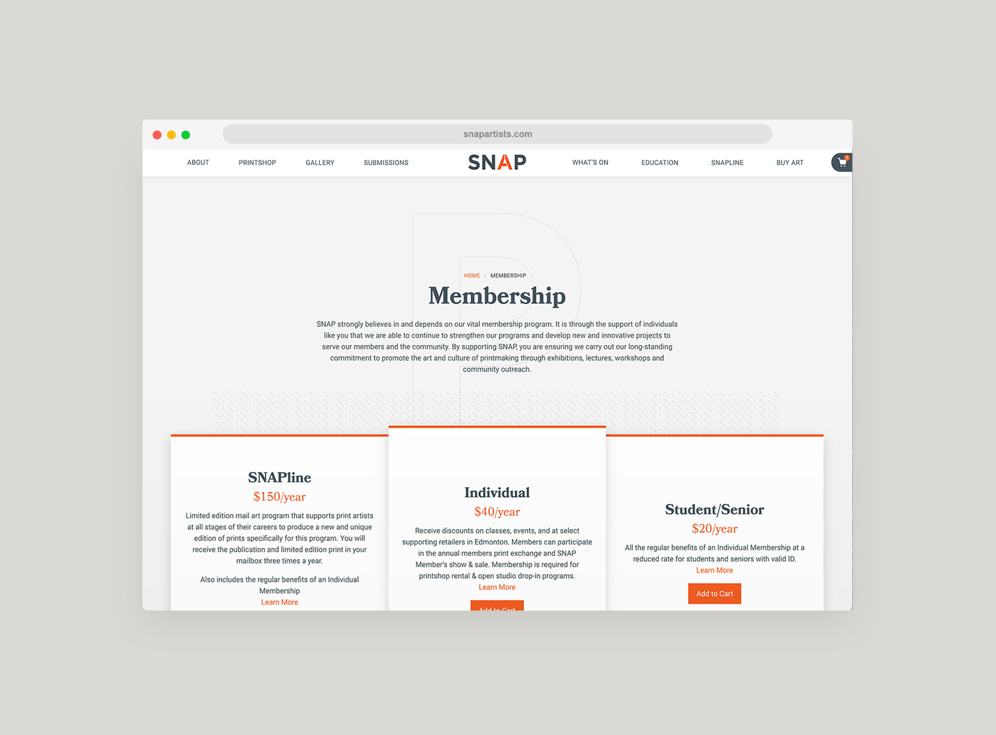 SNAP Website Browser Showing Membership page